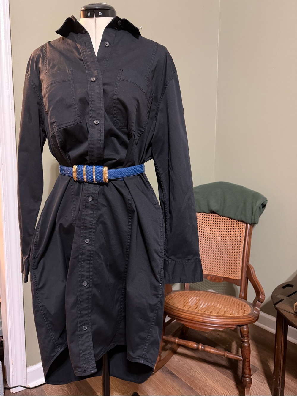 Everlane Black Cotton Utility Midi Shirt Dress High Low Hem Size 14